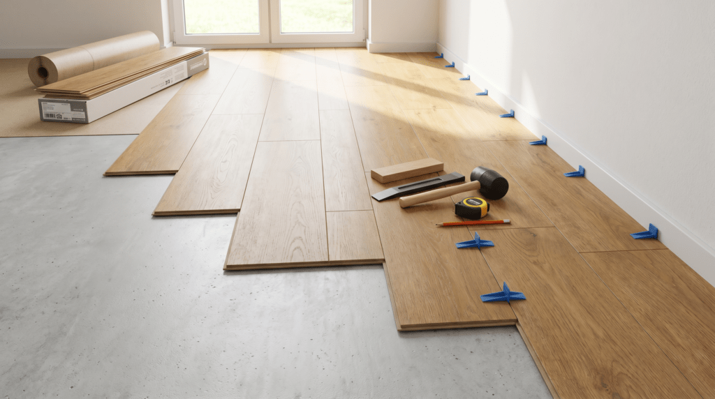 Frisch verlegter Laminatboden in einer renovierten Berliner Wohnung
