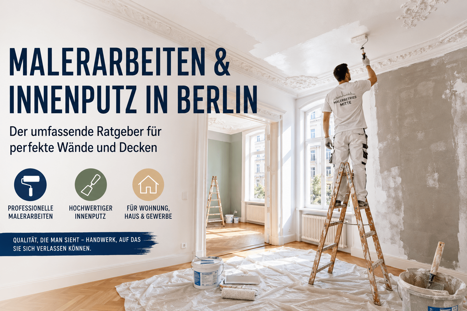 Handwerker streichen Decke und bearbeiten Innenputz in Berlin