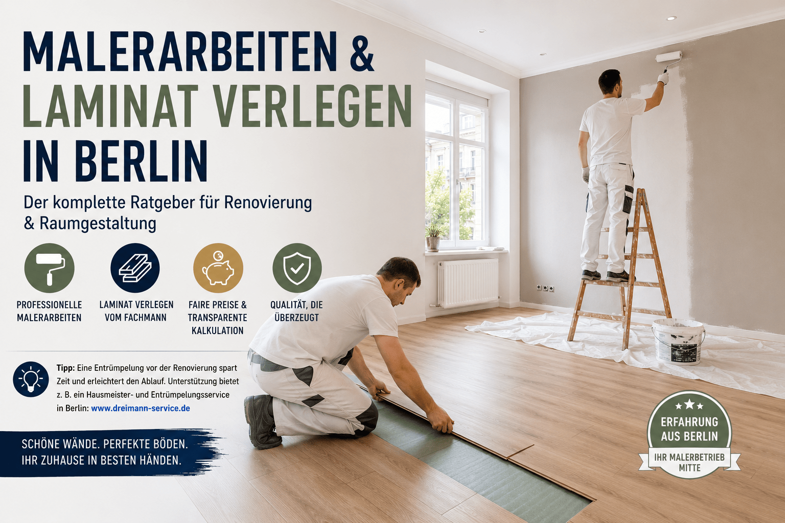 Handwerker verlegen Laminat und streichen Wände in Berlin