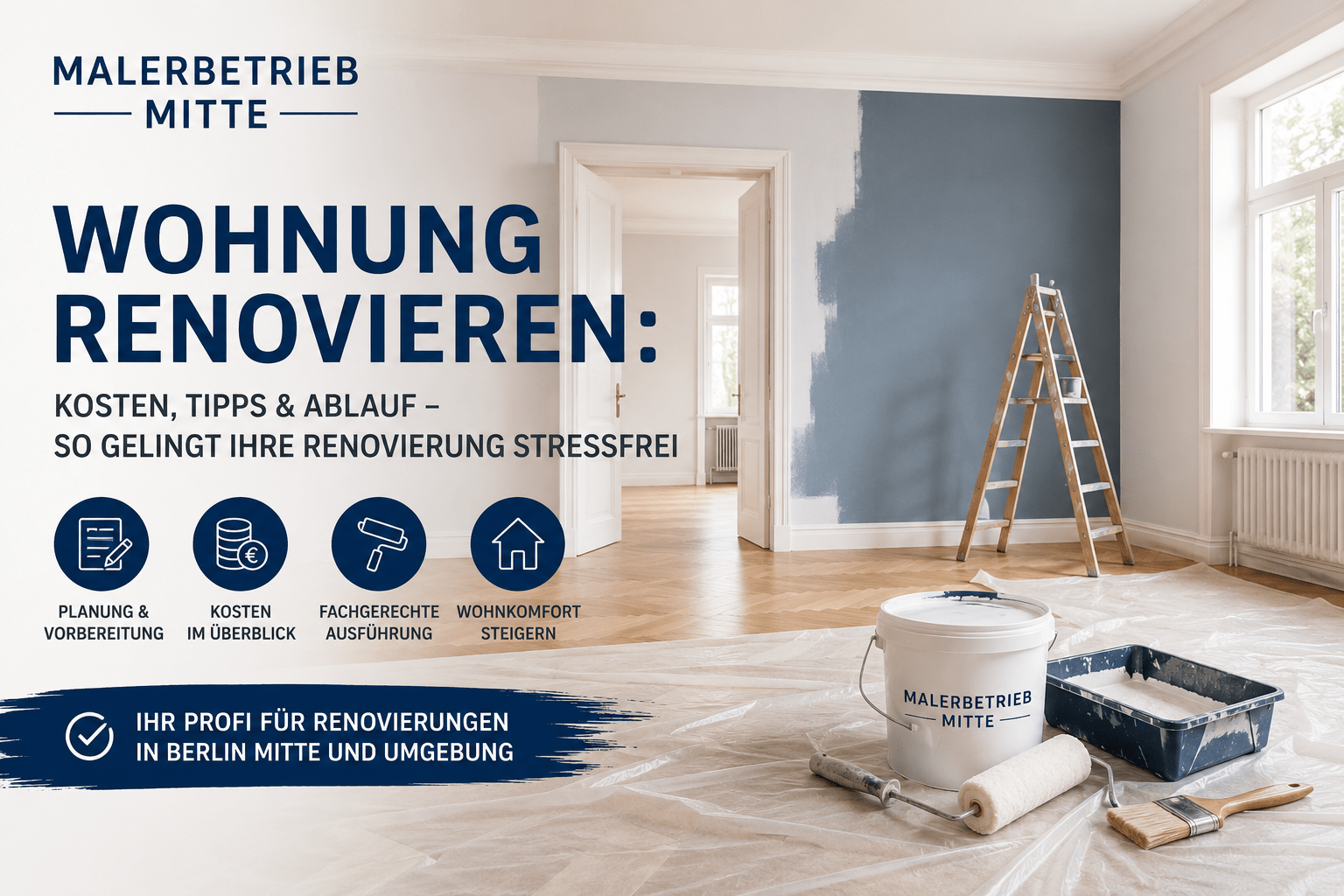 Professionell renoviertes Wohnzimmer mit modernen Wandfarben und hochwertigem Fußboden in Berlin