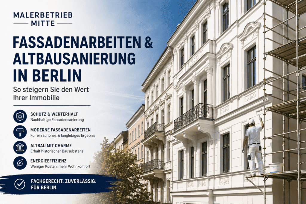 Fassadenarbeiten Berlin – Titelgrafik zu Fassade und Altbausanierung mit Maler auf dem Gerüst