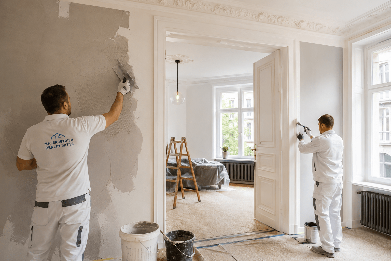 Maler bei Verputz- und Lackierarbeiten in einer modern renovierten Altbauwohnung in Berlin Mitte