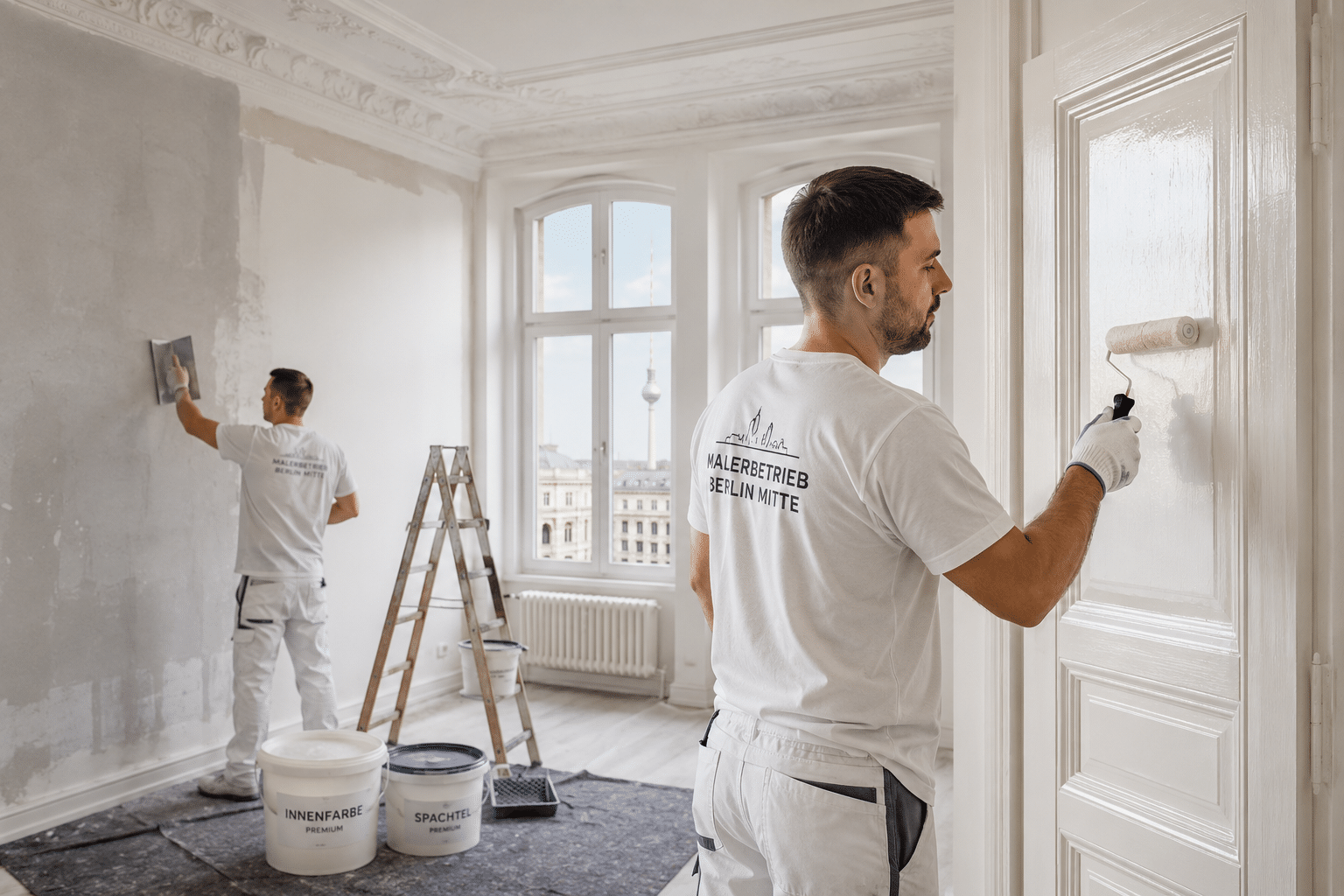 Maler bei Verputz- und Lackierarbeiten in einer modern renovierten Wohnung in Berlin Mitte