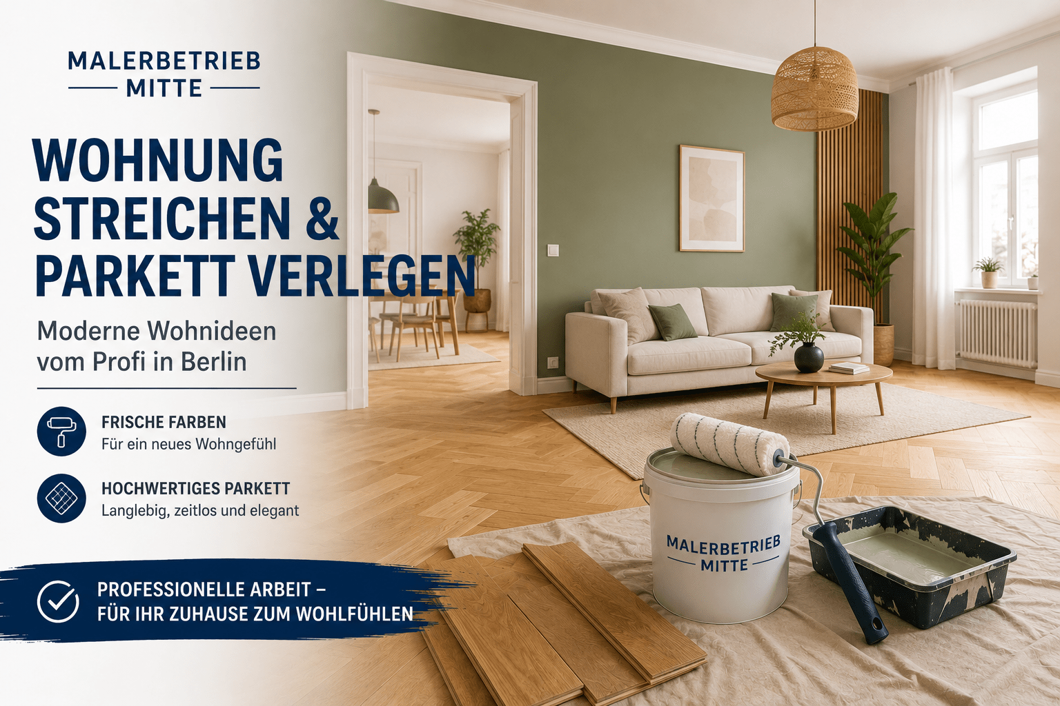 Modern renovierter Wohnraum mit frisch gestrichenen Wänden und hochwertigem Parkettboden