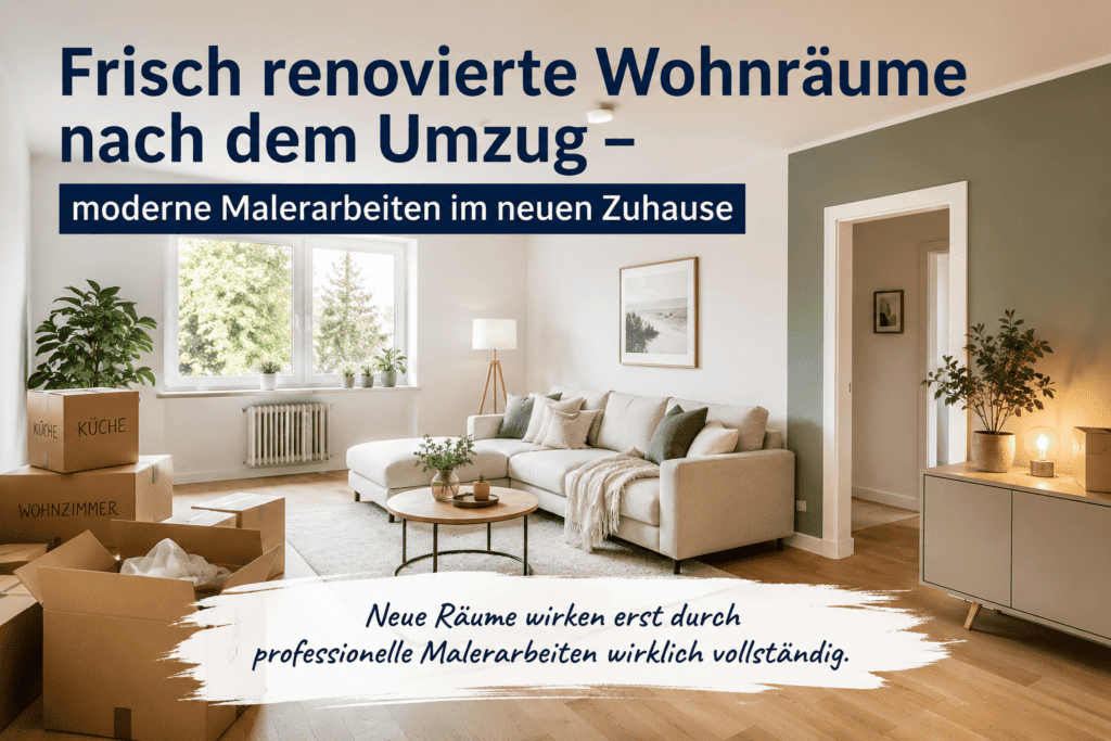 Malerarbeiten nach dem Umzug – Titelbild mit frisch renoviertem Wohnzimmer, Sofa und Umzugskartons