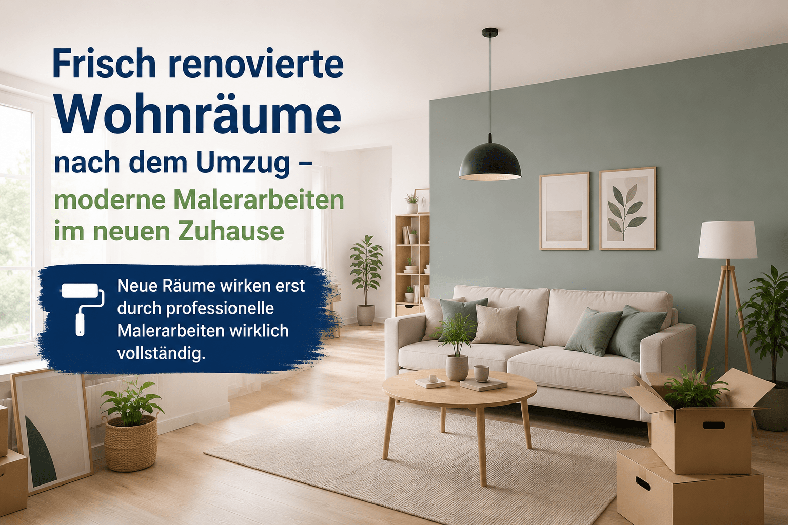 Helle, frisch gestrichene Wohnung nach dem Umzug mit modernen Farben und sauber renovierten Wänden