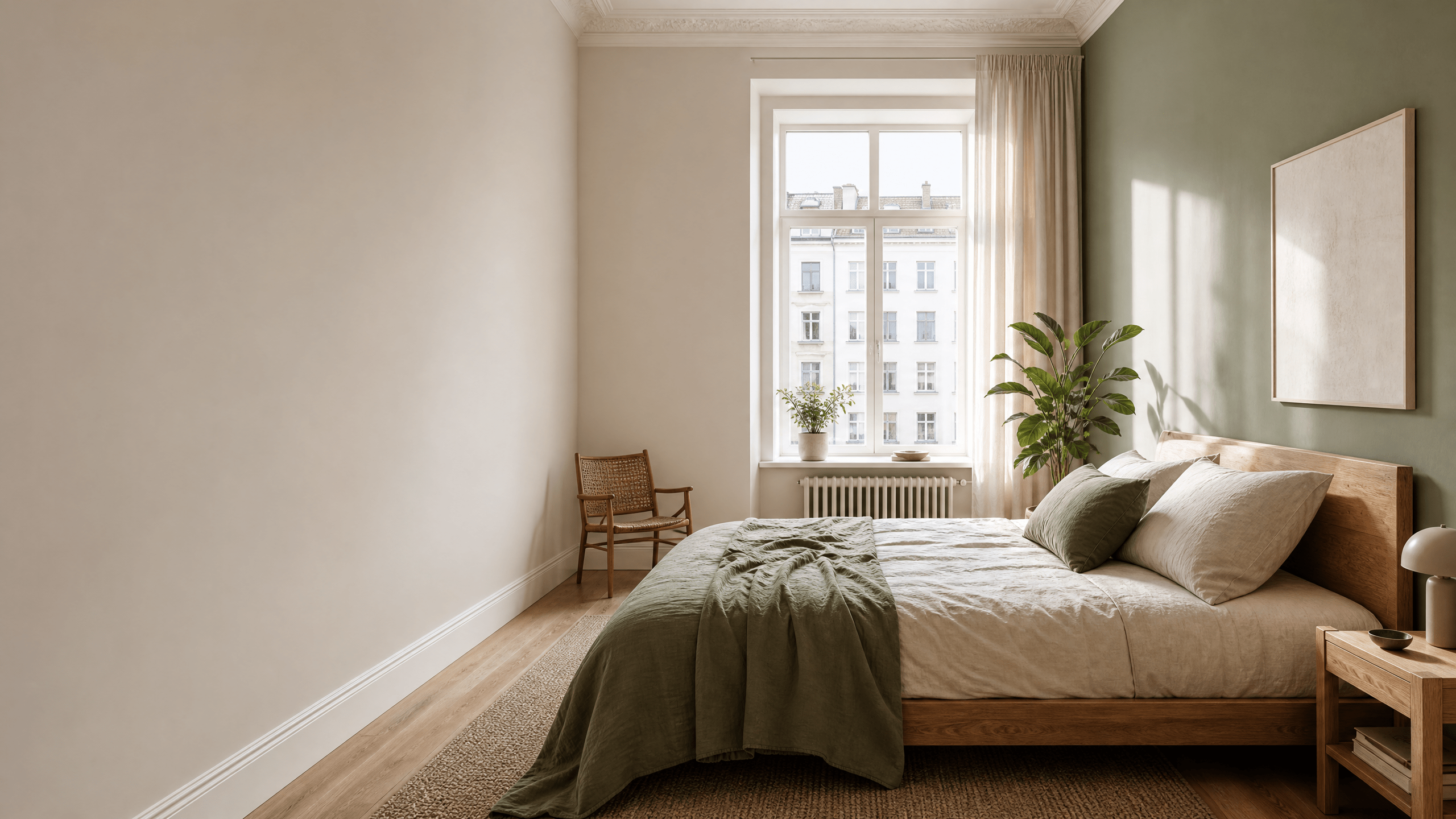 Nachhaltige Wandfarben in einem hellen Schlafzimmer in Berlin-Mitte