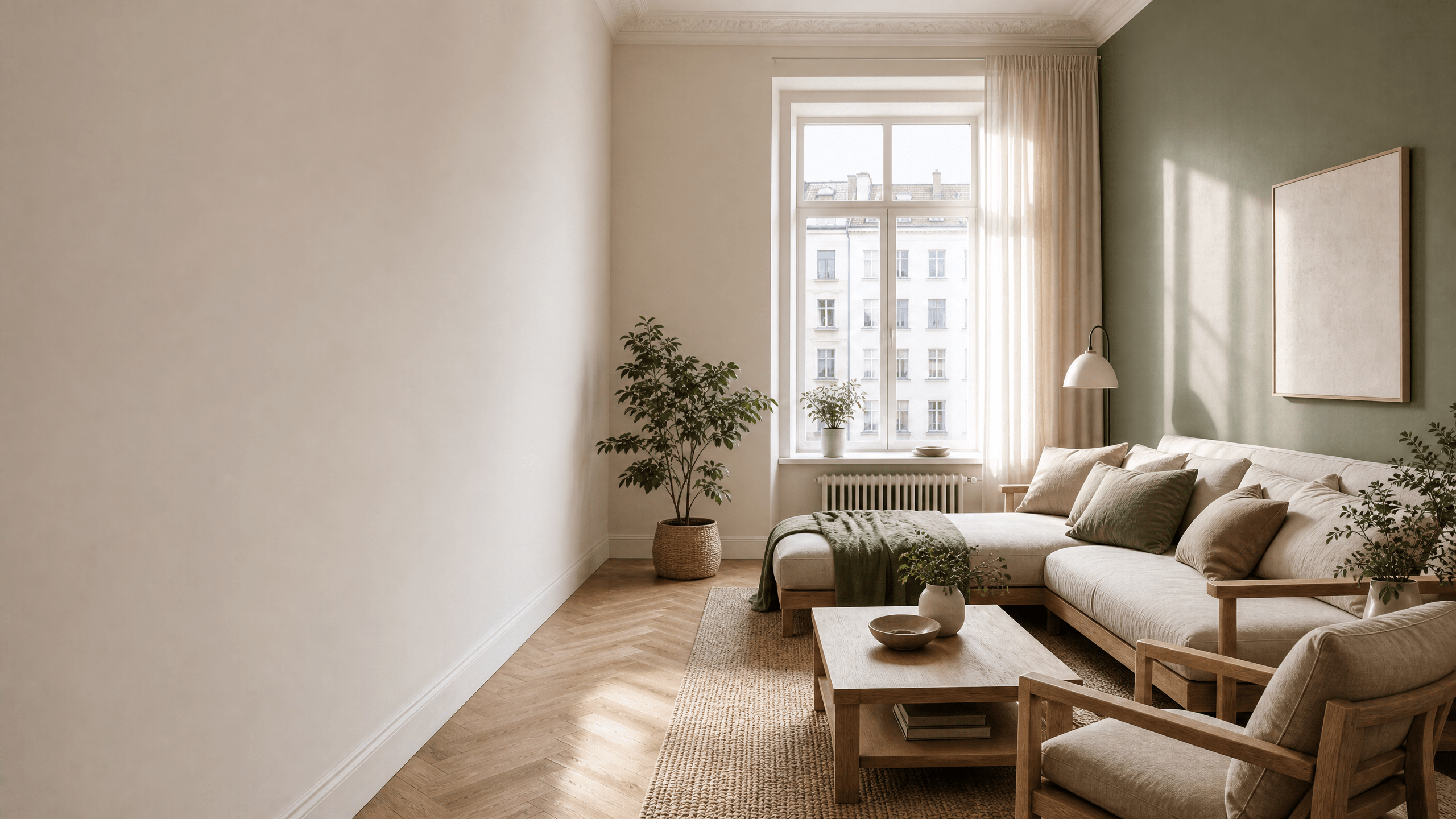 Harmonische Wohnraumgestaltung mit einer grünen Akzentwand