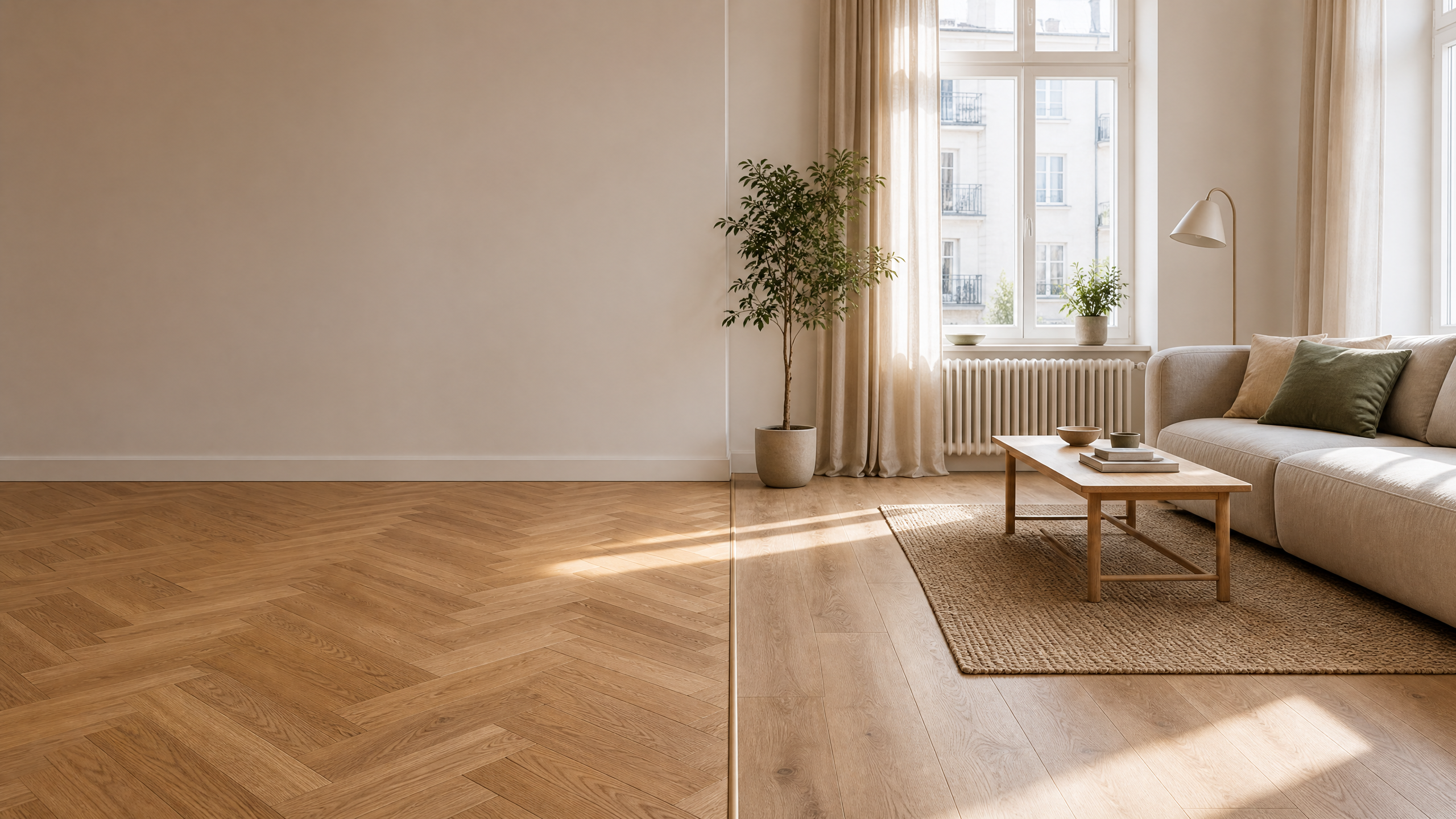 Vergleich hochwertiger Bodenbeläge in einem Wohnraum
