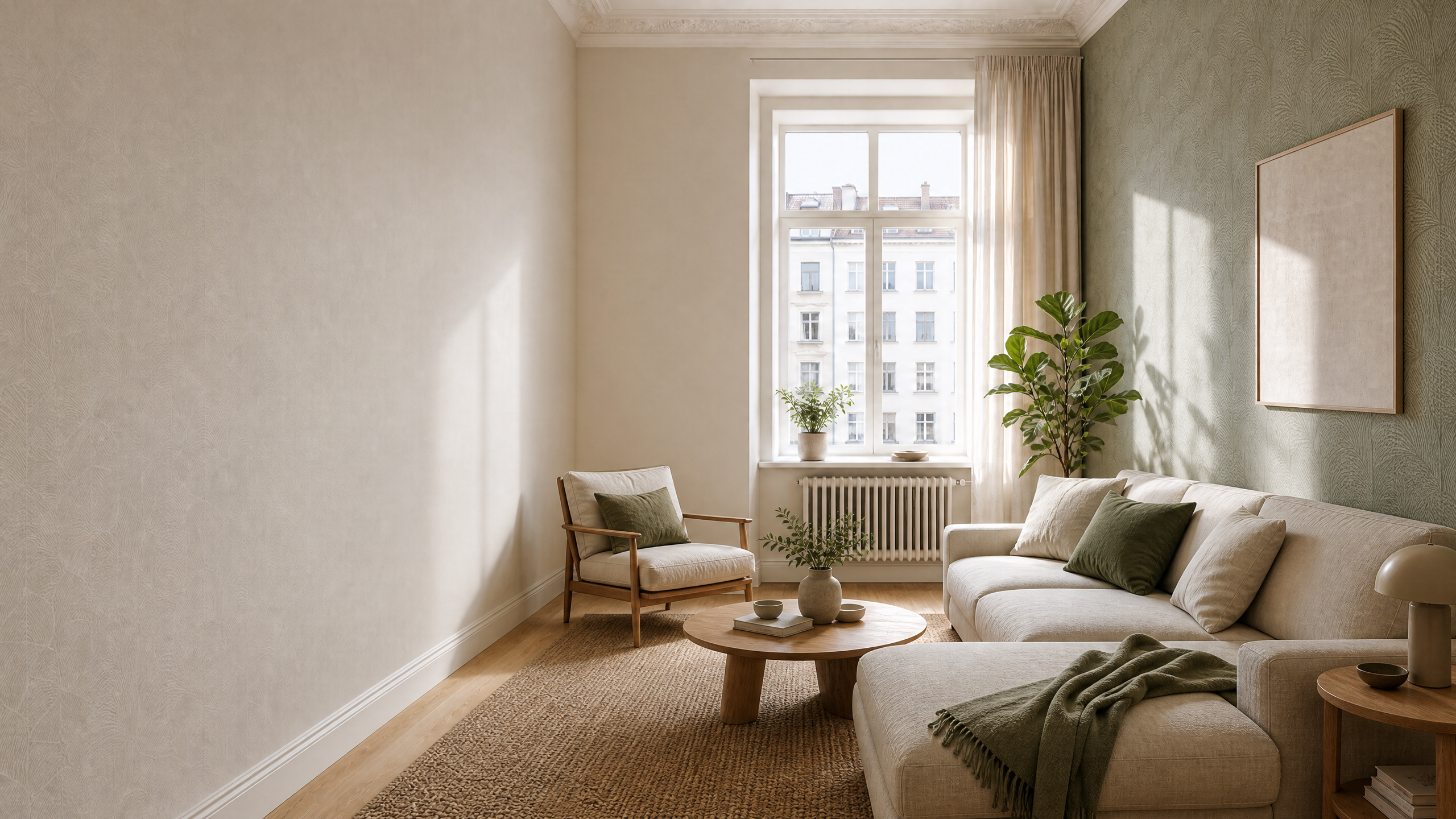 Moderne Vliestapete als Akzentwand in einem Berliner Wohnzimmer