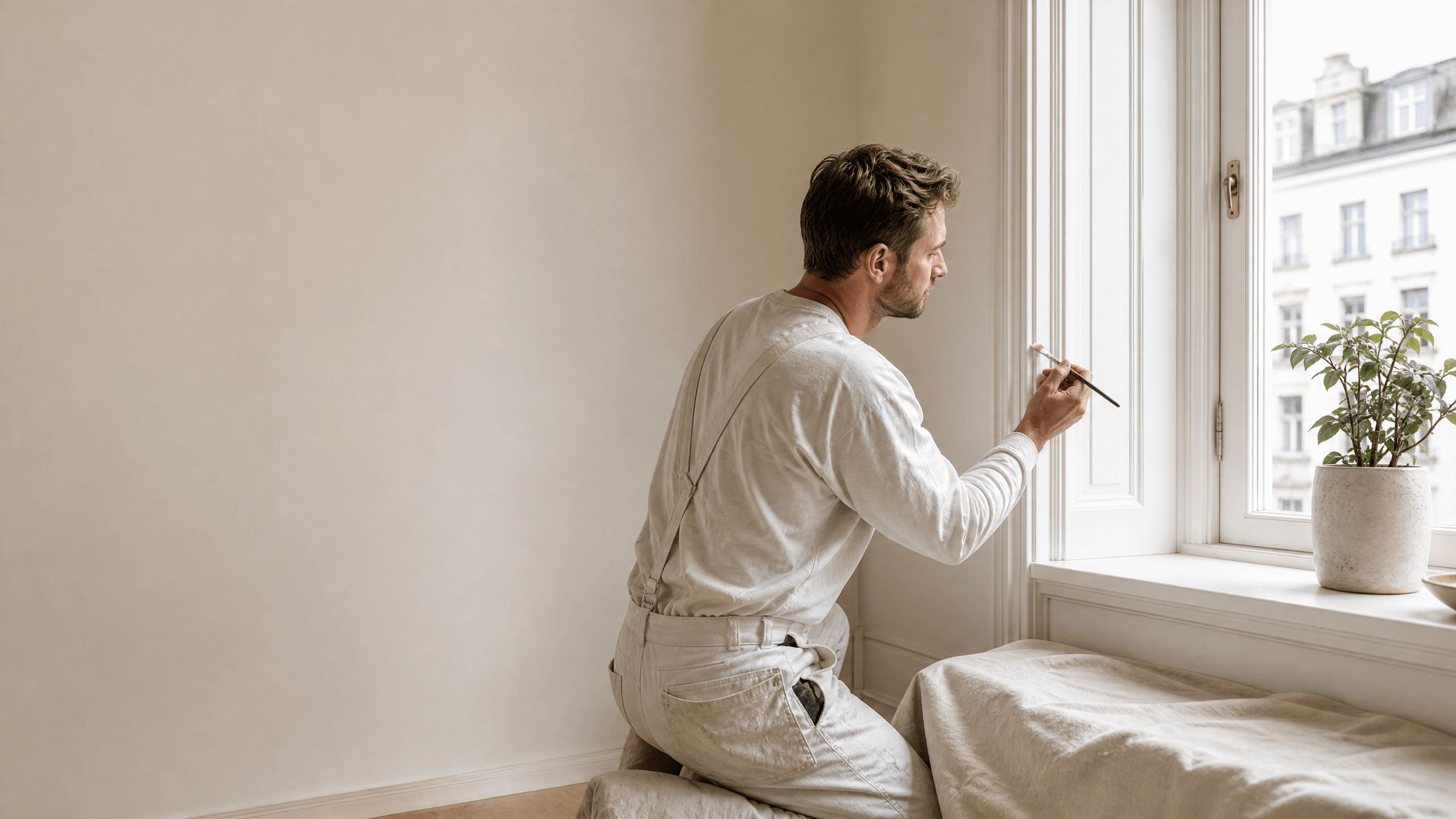 Sorgfältige Lackierarbeit an einem Holzfenster