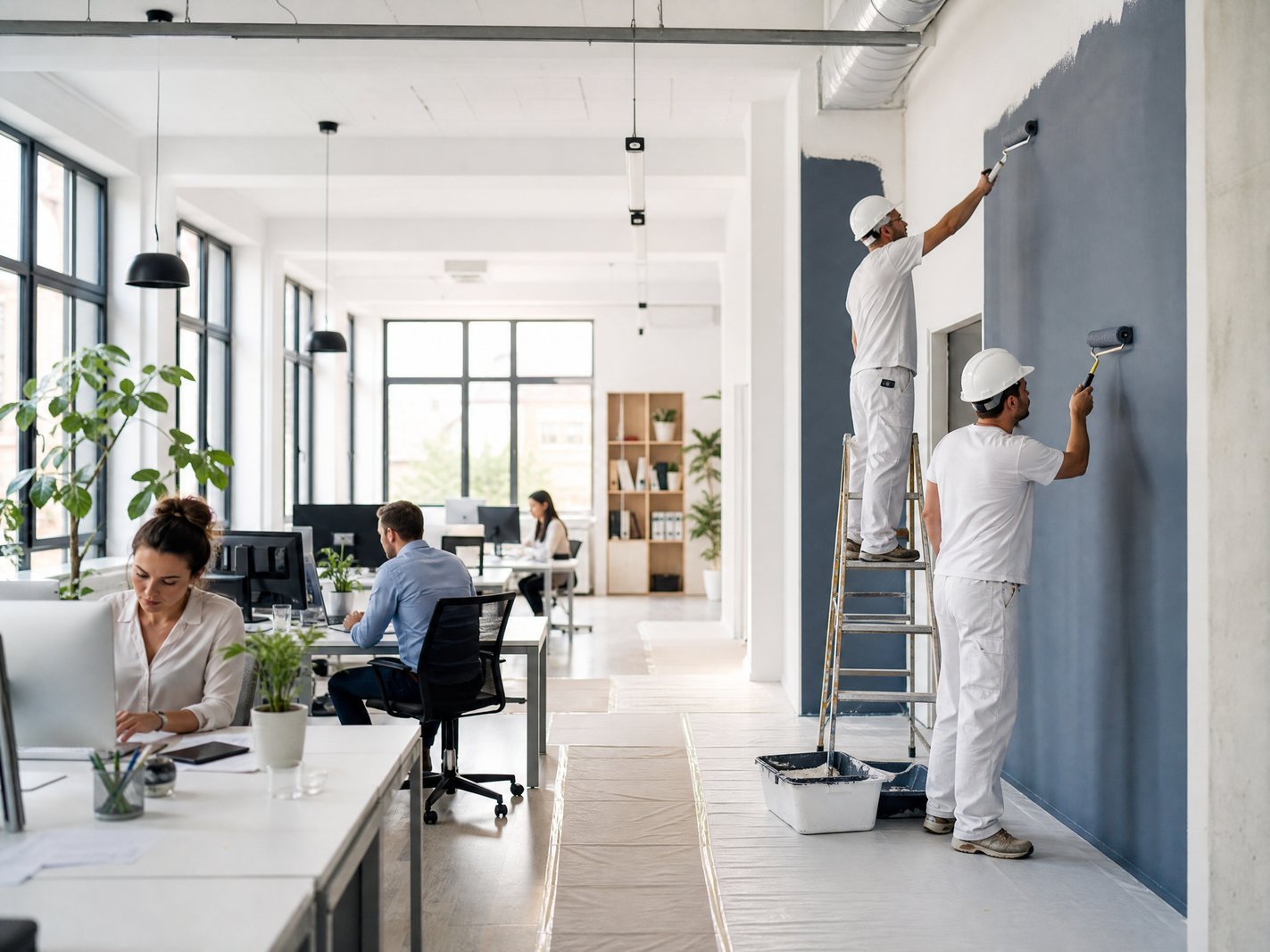 Illustration zu: Die Herausforderung: Renovieren ohne den Workflow zu stören - Bürorenovierung im laufenden Betrieb: So klappt der Neuanstrich ohne Ausfallzeiten