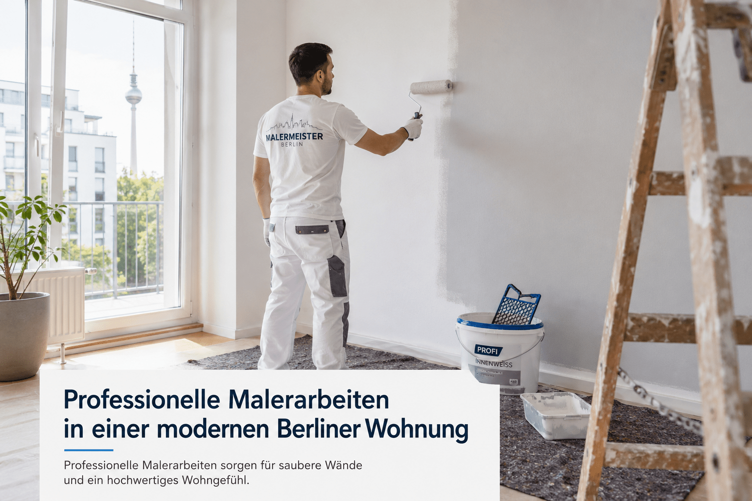 Maler streicht eine Wand in einer hellen Wohnung in Berlin