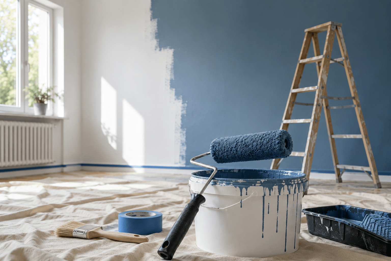 Malerrolle und Farbeimer vor einer teilweise blau gestrichenen Wand in einem hellen Raum