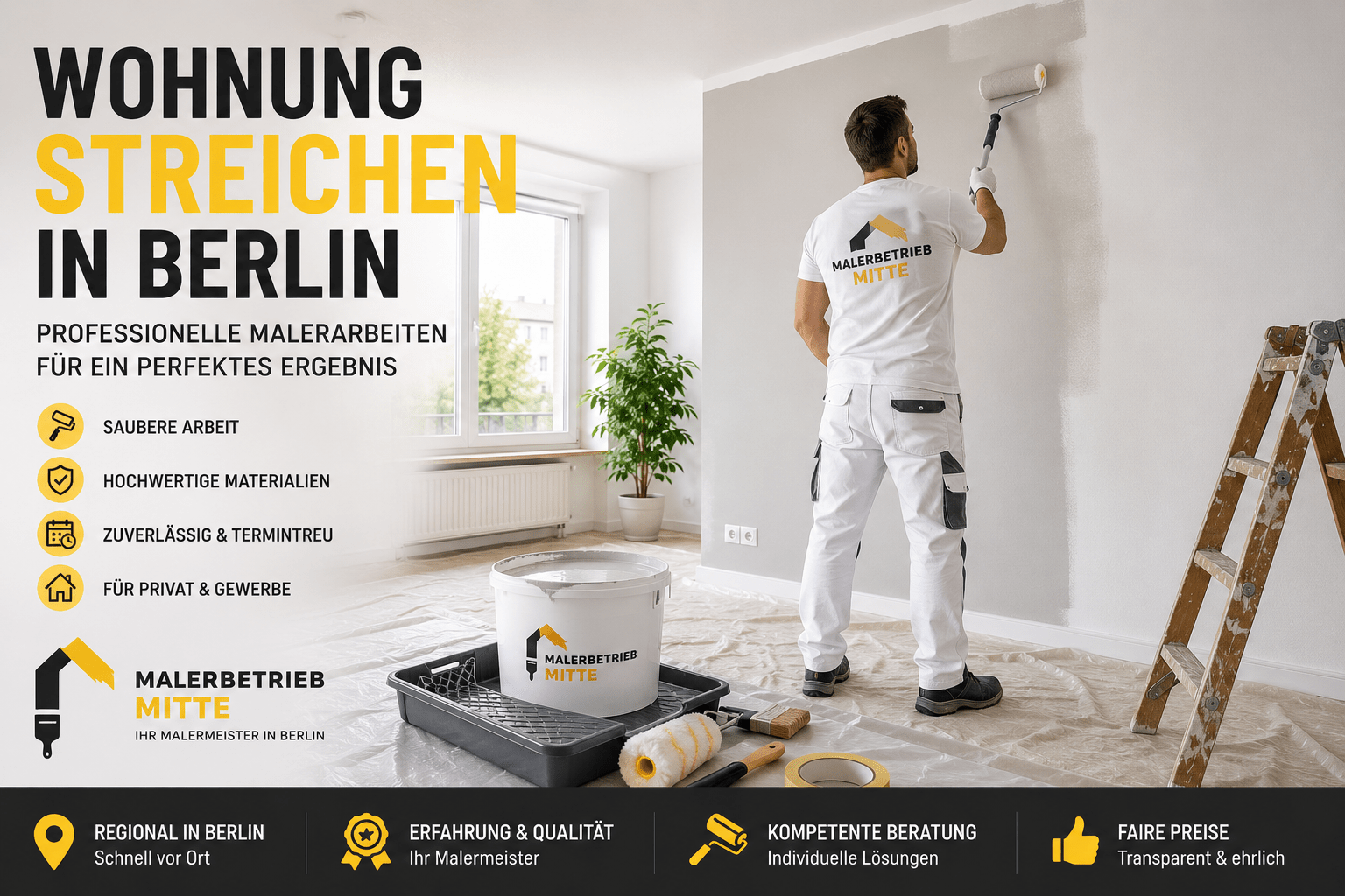 Professioneller Maler streicht eine helle Wand in einer modernen Berliner Wohnung